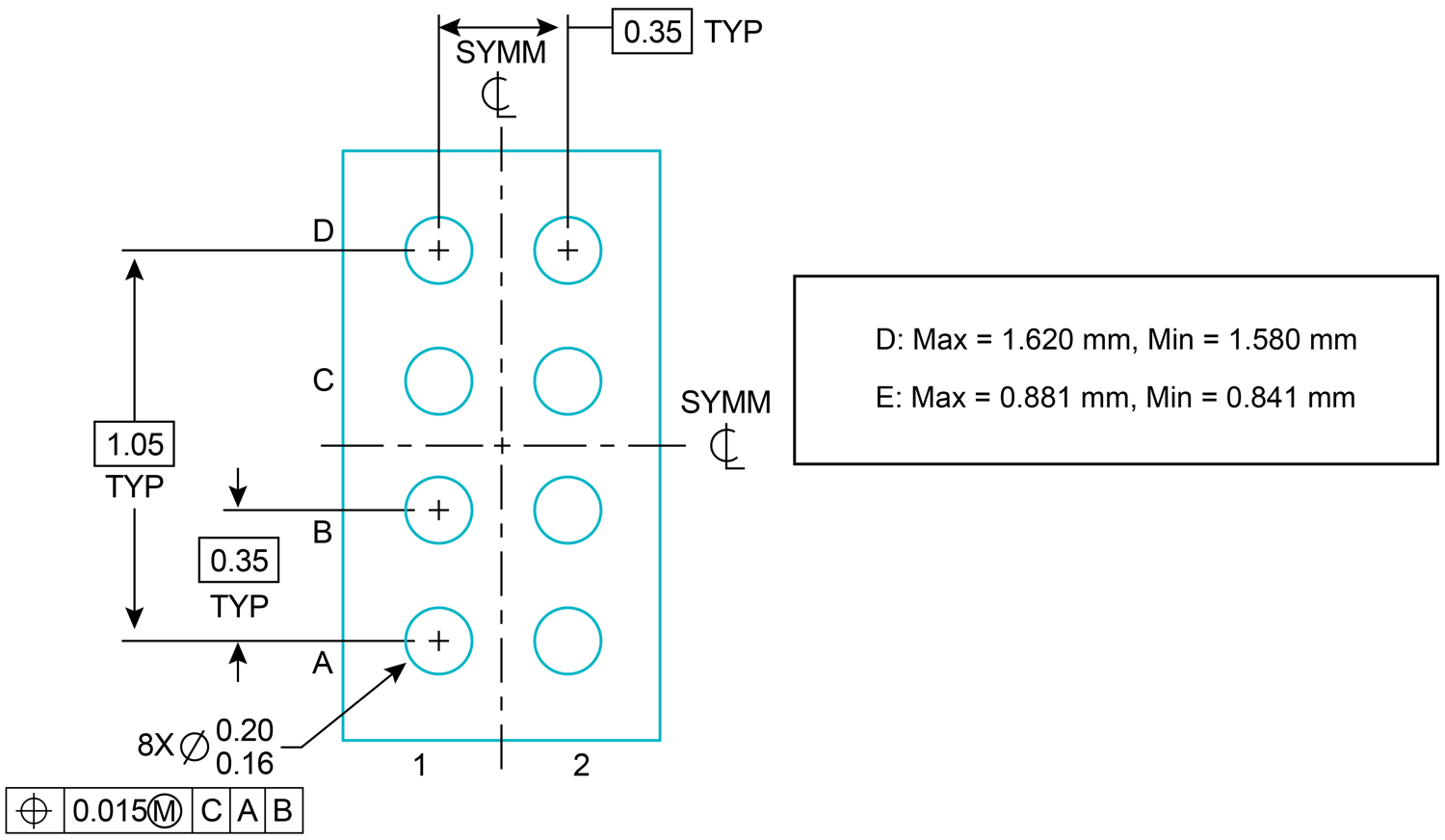  MSPM0C1104 八球 WCSP<em></em>
                            封裝圖紙（標(biāo)稱值為 1.50 x 0.86mm，厚度為 0.35mm）